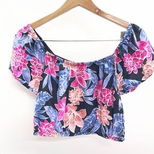 Roxy Off-Shoulder Floral Crop Top - Pink, Blue & Navy